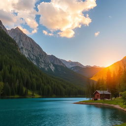 A beautiful landscape featuring a serene lake surrounded by lush green trees and mountains in the background