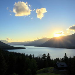 A beautiful landscape featuring a serene lake surrounded by lush green trees and mountains in the background