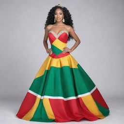 A stunning pageant dress incorporating the colors of the Guyana flag, stylishly blended with shades of green, white, gold, black, and red.