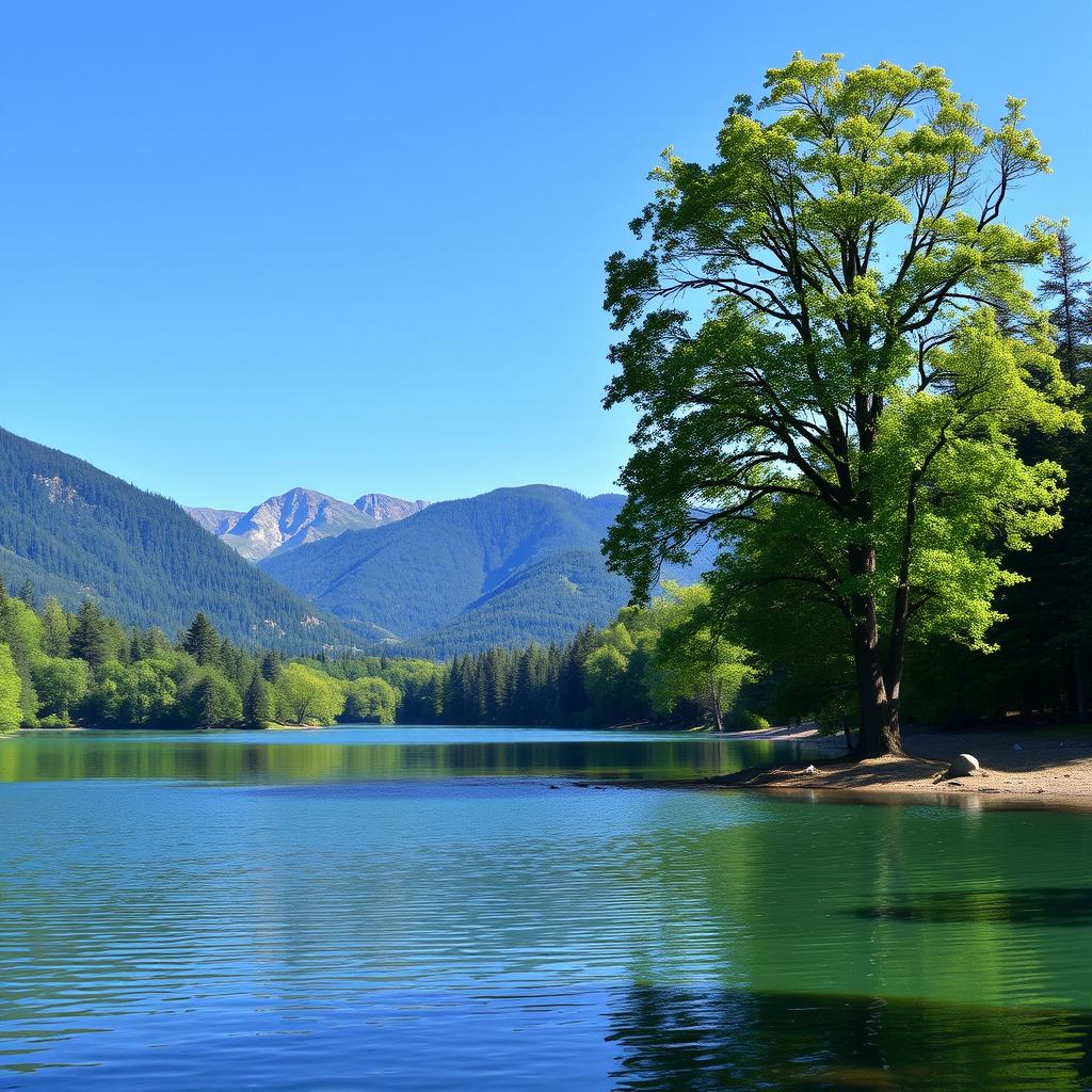 A beautiful landscape featuring a serene lake surrounded by lush green trees, with mountains in the background and a clear blue sky