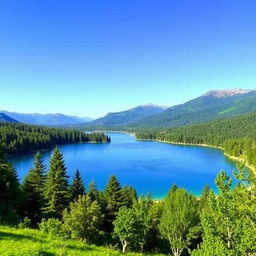 A beautiful landscape featuring a serene lake surrounded by lush green trees, with mountains in the background and a clear blue sky