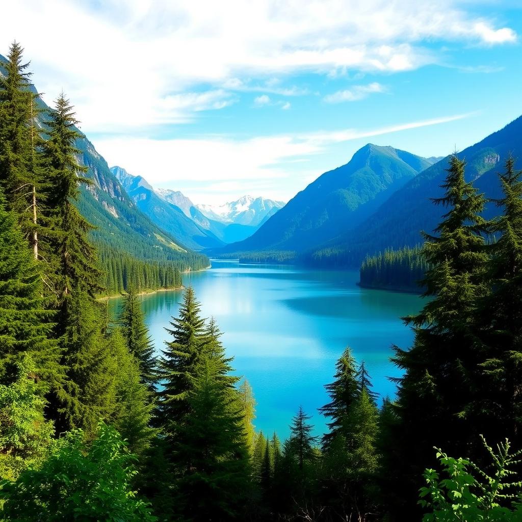 A beautiful landscape featuring a serene lake surrounded by lush green trees, with mountains in the background and a clear blue sky