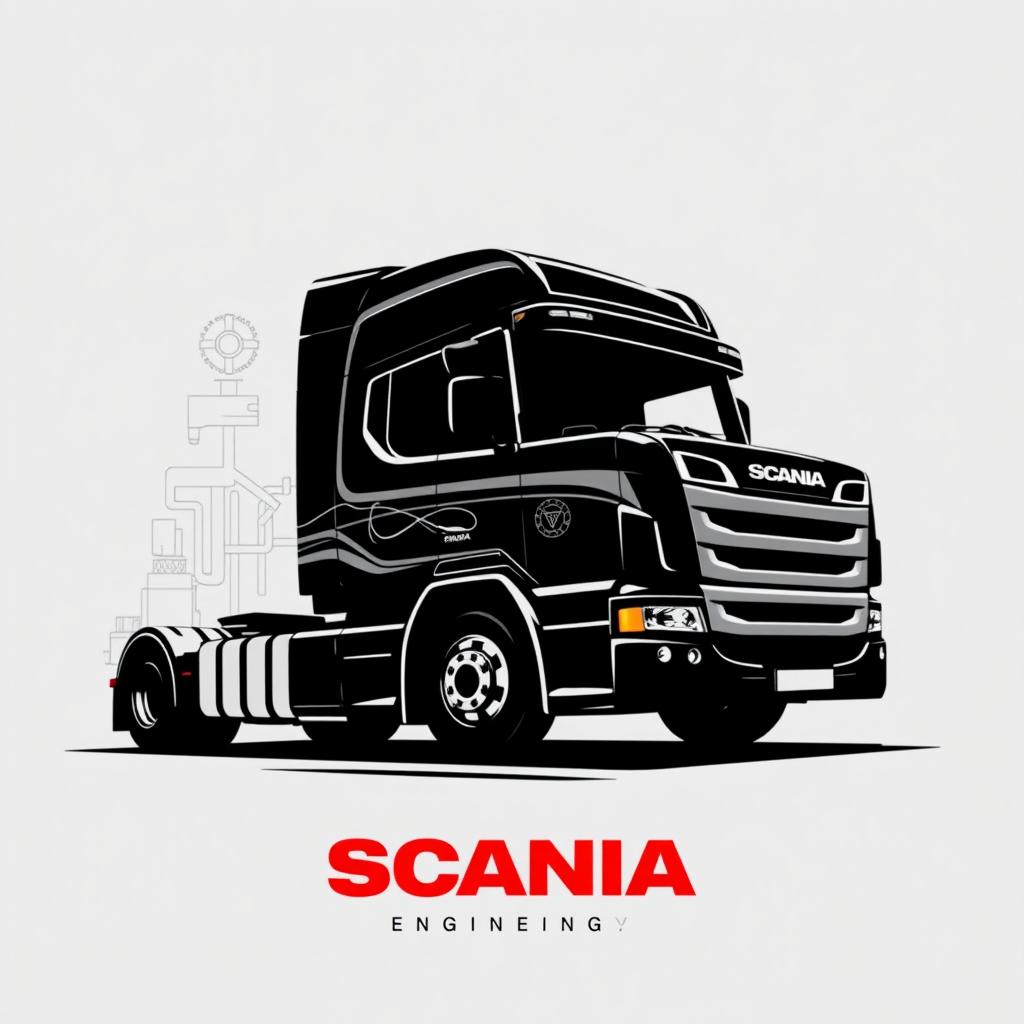 A t-shirt design featuring a silhouette of a Scania truck, with a focus on the engineering division