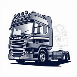 A t-shirt design featuring a silhouette of a Scania truck, with a focus on the engineering division