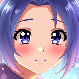 A detailed close-up of an anime-style face with expressive eyes, a small nose, and a gentle smile