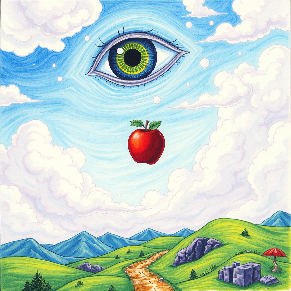 Create a surrealistic drawing of a landscape that contains a sky with a giant eye watching over it, and an apple floating in mid-air