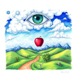 Create a surrealistic drawing of a landscape that contains a sky with a giant eye watching over it, and an apple floating in mid-air