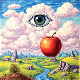 Create a surrealistic drawing of a landscape that contains a sky with a giant eye watching over it, and an apple floating in mid-air