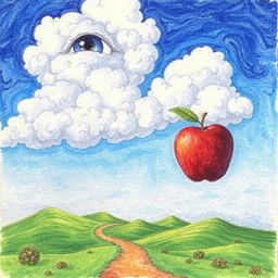 Create a surrealistic drawing of a landscape that contains a sky with a giant eye watching over it, and an apple floating in mid-air