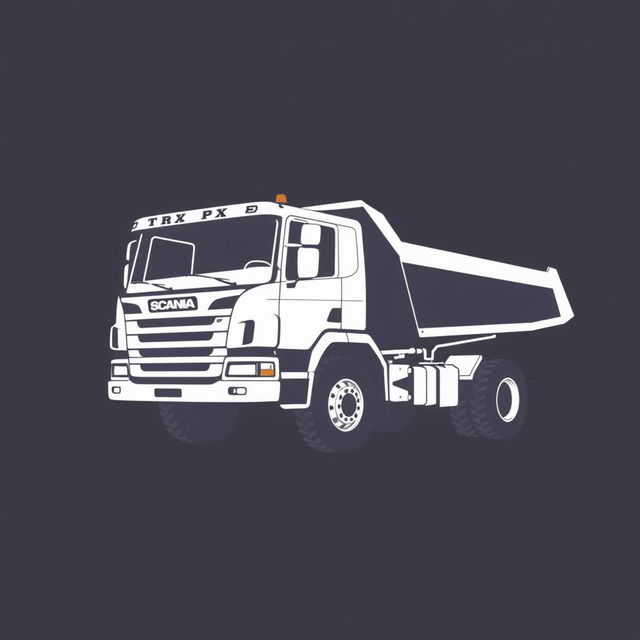 A t-shirt design featuring a silhouette of a Scania PT410X dump truck