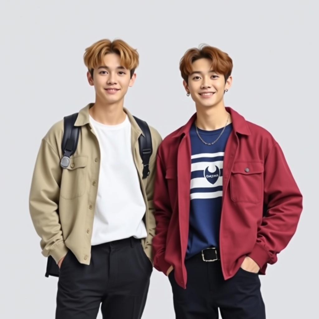 Create a realistic image of BTS members Jimin and Jungkook standing together