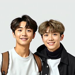 Create a realistic image of BTS members Jimin and Jungkook standing together