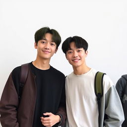 Create a realistic image of BTS members Jimin and Jungkook standing together