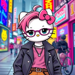 A teenage version of Hello Kitty, dressed in trendy and stylish clothes, with a modern hairstyle and accessories