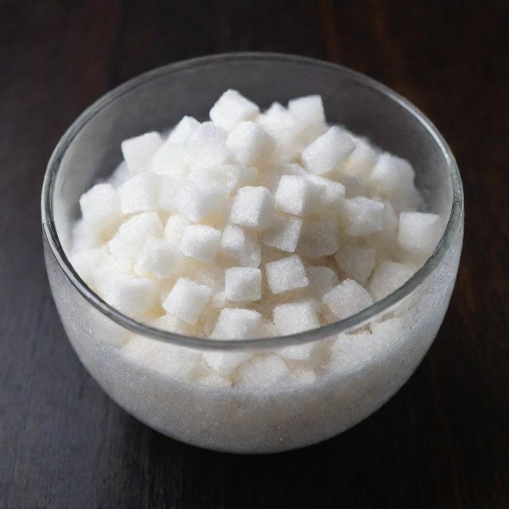 Crystalline, white granulated sugar in a small glass bowl with a silver spoon against a dark wooden table