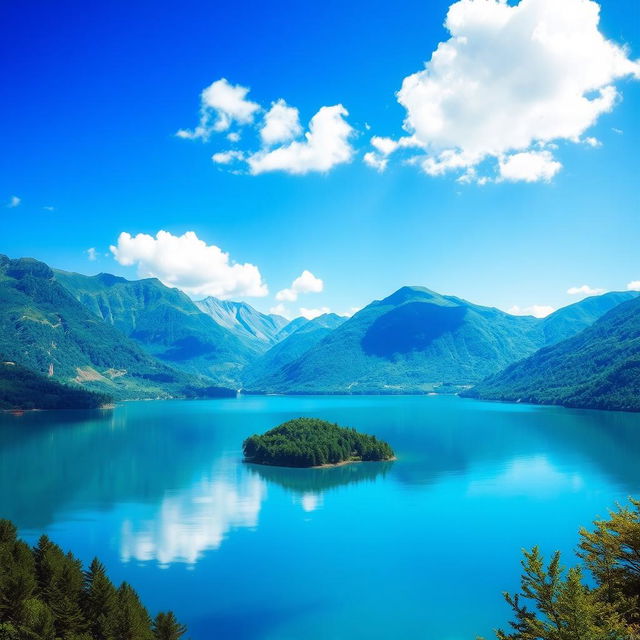 A beautiful landscape featuring a serene lake surrounded by lush green mountains under a clear blue sky