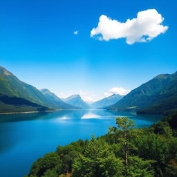 A beautiful landscape featuring a serene lake surrounded by lush green mountains under a clear blue sky