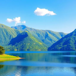 A beautiful landscape featuring a serene lake surrounded by lush green mountains under a clear blue sky