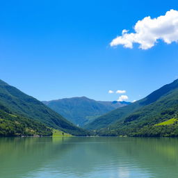 A beautiful landscape featuring a serene lake surrounded by lush green mountains under a clear blue sky