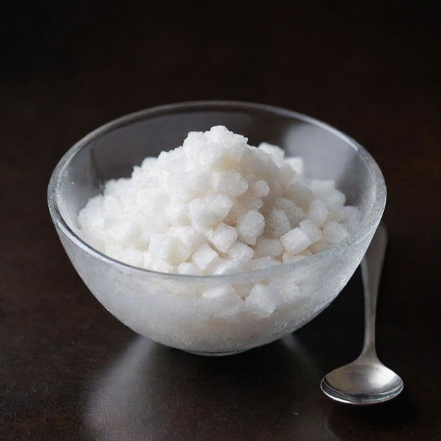 Crystalline, white granulated sugar in a small glass bowl with a silver spoon against a dark wooden table