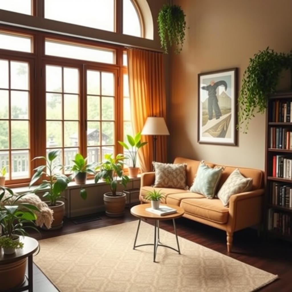 A cozy and well-decorated room with a comfortable sofa, a small coffee table, and a bookshelf filled with books