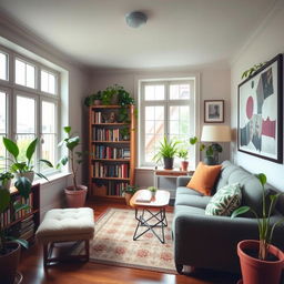 A cozy and well-decorated room with a comfortable sofa, a small coffee table, and a bookshelf filled with books