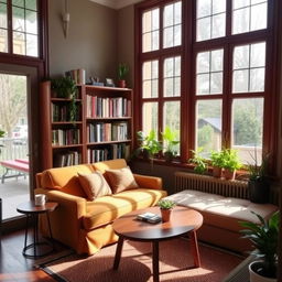 A cozy and well-decorated room with a comfortable sofa, a small coffee table, and a bookshelf filled with books