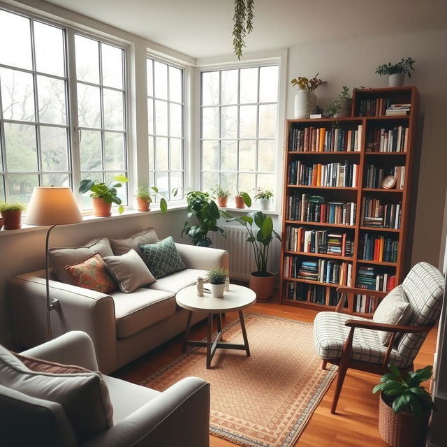 A cozy and well-decorated room with a comfortable sofa, a small coffee table, and a bookshelf filled with books