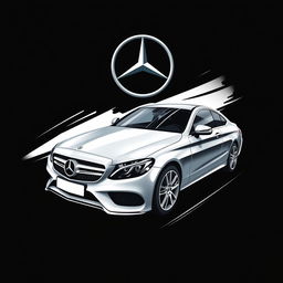 A T-shirt design featuring a sleek and stylish Mercedez Benz C180 car