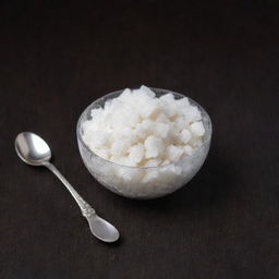 Crystalline, white granulated sugar in a small glass bowl with a silver spoon against a dark wooden table