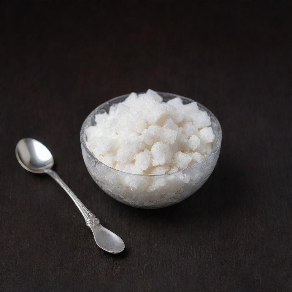 Crystalline, white granulated sugar in a small glass bowl with a silver spoon against a dark wooden table