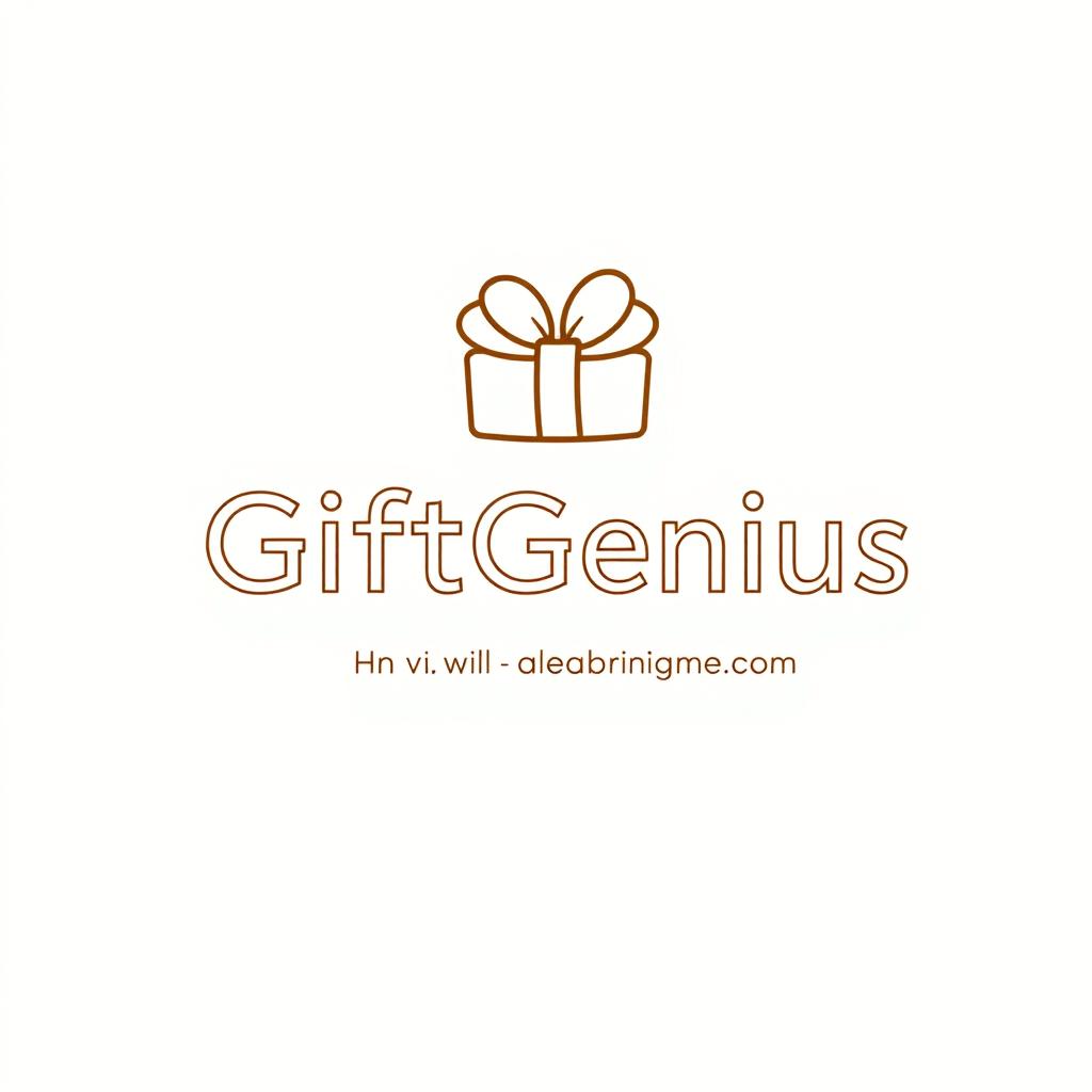 A logo with an illustration for the company 'GiftGenius' including the company name, in light beige color, in a minimalist, outline style