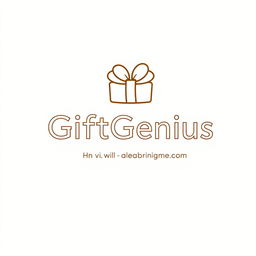 A logo with an illustration for the company 'GiftGenius' including the company name, in light beige color, in a minimalist, outline style