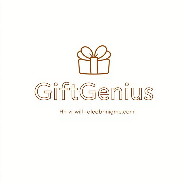 A logo with an illustration for the company 'GiftGenius' including the company name, in light beige color, in a minimalist, outline style