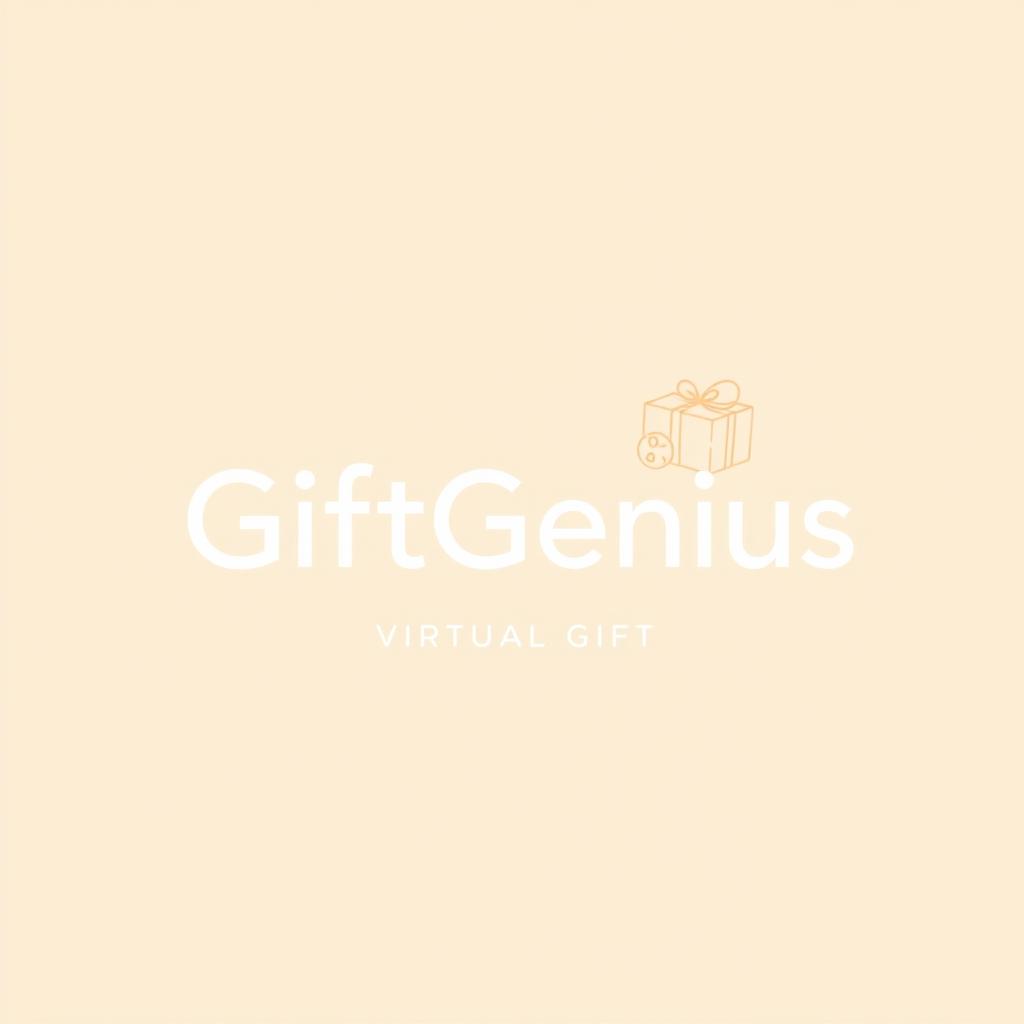 A logo with an illustration for the company 'GiftGenius' including the company name, in light beige color, in a minimalist, outline style