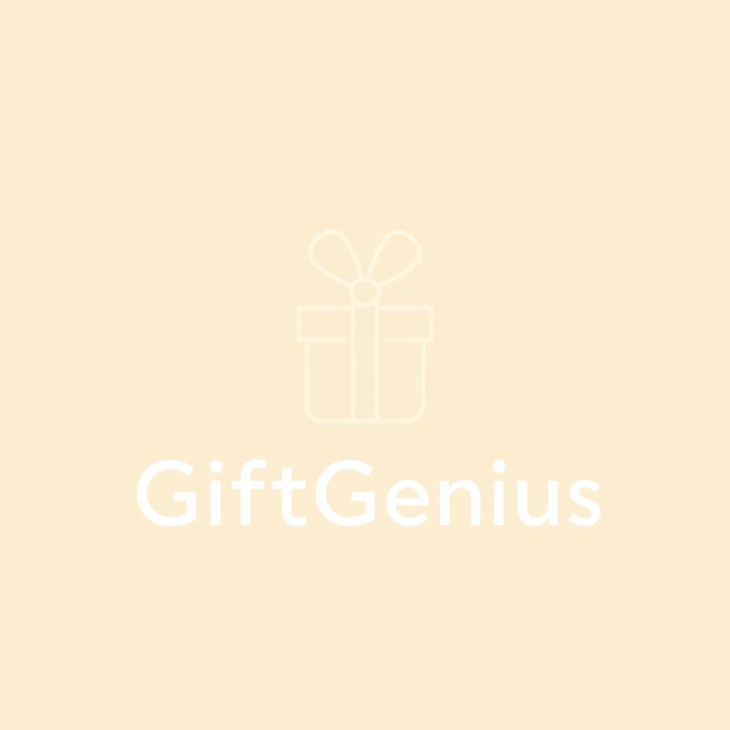 A logo with an illustration for the company 'GiftGenius' including the company name, in light beige color, in a minimalist, outline style