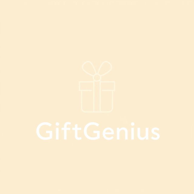 A logo with an illustration for the company 'GiftGenius' including the company name, in light beige color, in a minimalist, outline style