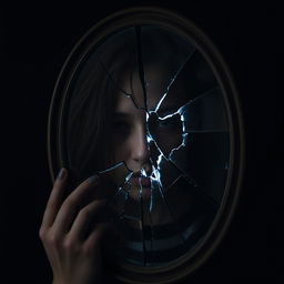 A hauntingly beautiful image of a person with a broken soul, depicted through a fragmented and shattered mirror