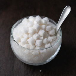 Crystalline, white granulated sugar in a small glass bowl with a silver spoon against a dark wooden table