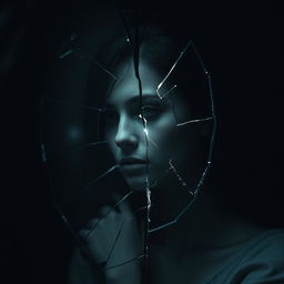 A hauntingly beautiful image of a person with a broken soul, depicted through a fragmented and shattered mirror