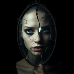 A hauntingly beautiful image of a person with a broken soul, depicted through a fragmented and shattered mirror