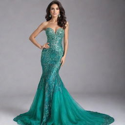 A luxurious mermaid style dress for a pageant, glittering in various shades of green and complemented by intricate sequins and beadwork.