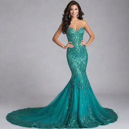 A luxurious mermaid style dress for a pageant, glittering in various shades of green and complemented by intricate sequins and beadwork.