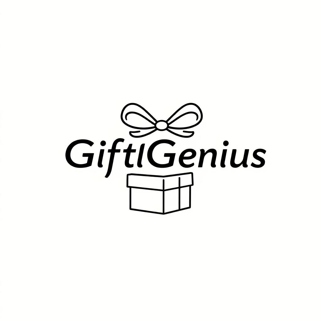 A circular logo with an illustration for the company 'GiftGenius' including the company name, in light color, in a minimalist, outline style