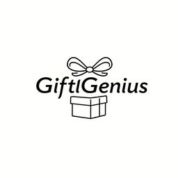 A circular logo with an illustration for the company 'GiftGenius' including the company name, in light color, in a minimalist, outline style