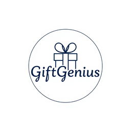 A circular logo with an illustration for the company 'GiftGenius' including the company name, in light color, in a minimalist, outline style