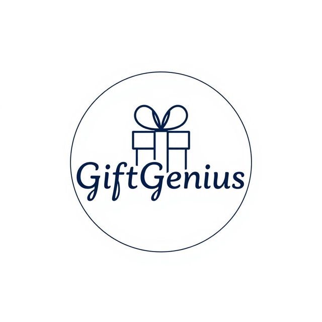 A circular logo with an illustration for the company 'GiftGenius' including the company name, in light color, in a minimalist, outline style