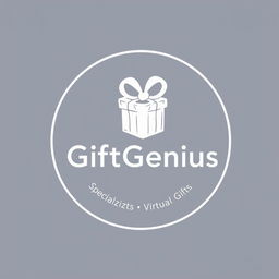 A circular logo with an illustration for the company 'GiftGenius' including the company name, in light color, in a minimalist, outline style