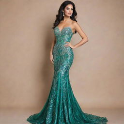 A luxurious mermaid style dress for a pageant, glittering in various shades of green and complemented by intricate sequins and beadwork.