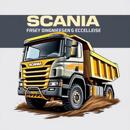 Create a t-shirt design featuring a Scania P410TX dump truck for the technical division